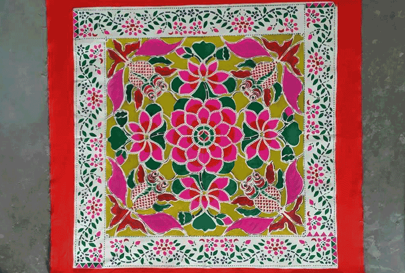 彩印花布——金鱼闹莲